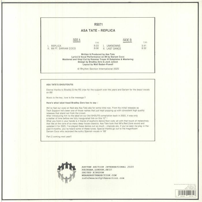 Asa Tate – Replica (12", Rhythm Section International, 2025) Back Cover