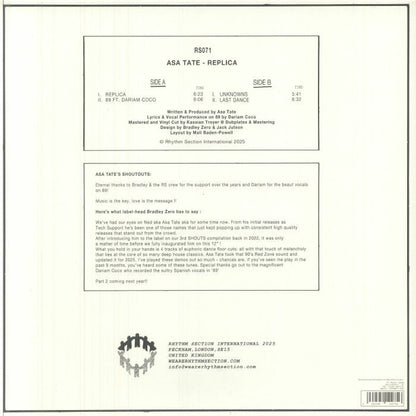Asa Tate – Replica (12", Rhythm Section International, 2025) Back Cover
