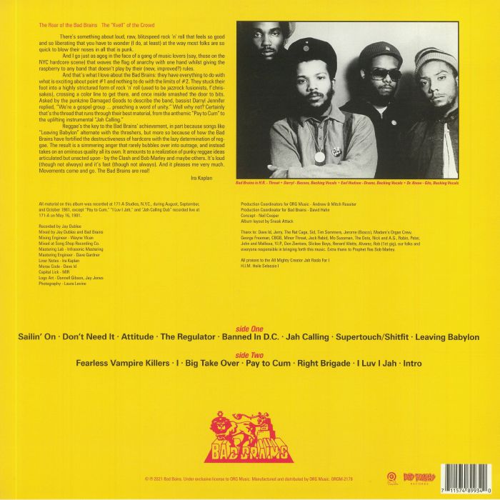 Bad Brains – Bad Brains (LP, Bad Brains Records, 2021) Back Cover