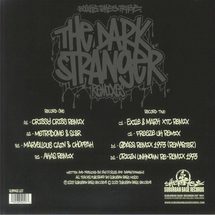 Boogie Times Tribe – The Dark Stranger (Remixes) (12"+12", Glow In The Dark, Suburban Base Records, 2025) Back Cover