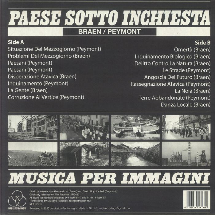 Braen , Peymont – Paese Sotto Inchiesta (LP, Musica Per Immagini, 2025) Back Cover