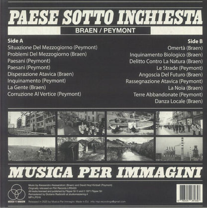 Braen , Peymont – Paese Sotto Inchiesta (LP, Musica Per Immagini, 2025) Back Cover