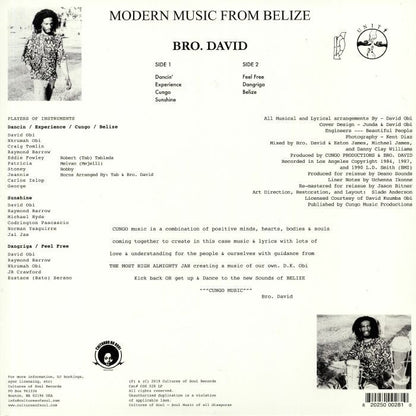 Bro David – Modern Music From Belize (LP, Cultures Of Soul Records, 2019) Back Cover