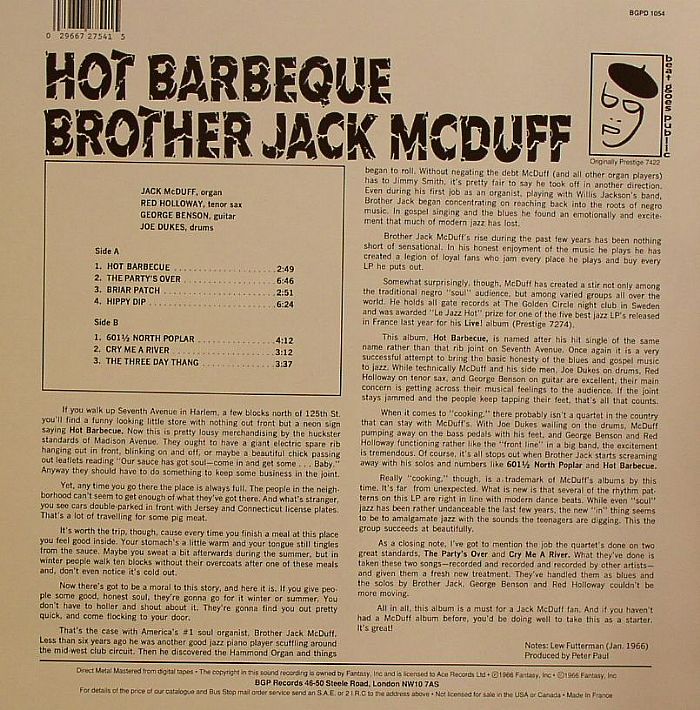 Brother Jack McDuff – Hot Barbeque (LP, BGP Records, 1993) Back Cover
