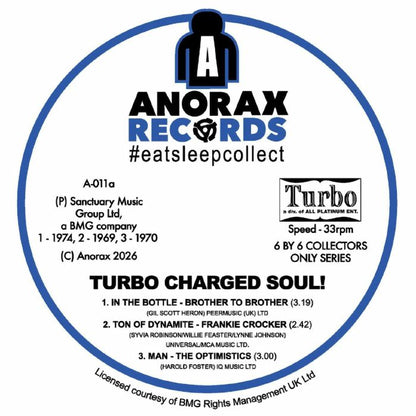 Brother To Brother / Frankie 'LOVEMAN' Crocker / Optimistics / Willie & West / The New Sounds / Larry Saunders – Turbo Charged Soul: 6 By 6 Collectors Only Series (10", Anorax, 2026) Back Cover