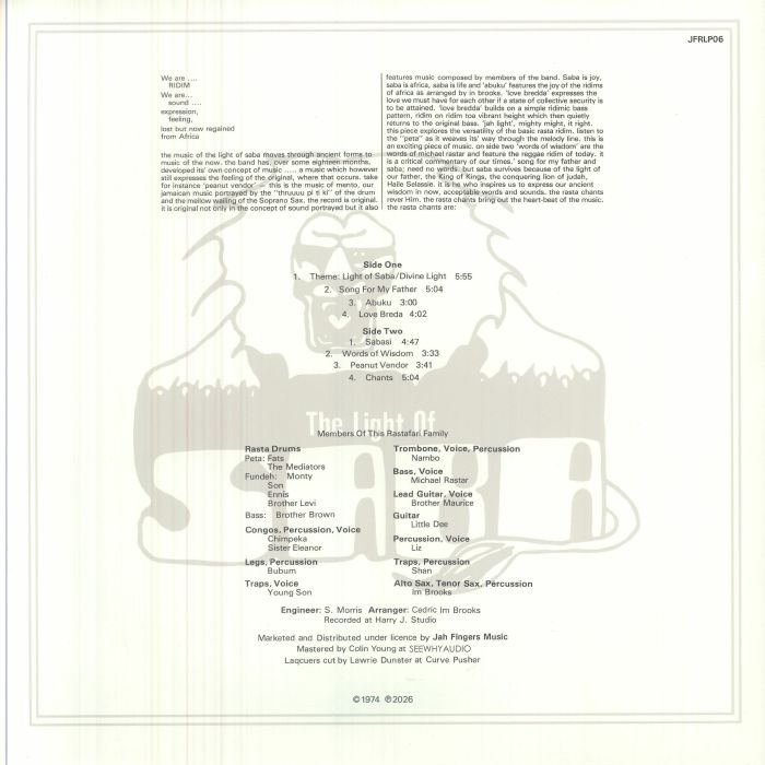 Cedric "Im" Brooks , The Light Of Saba – The Light Of Saba (LP, Total Sounds, 2026) Back Cover