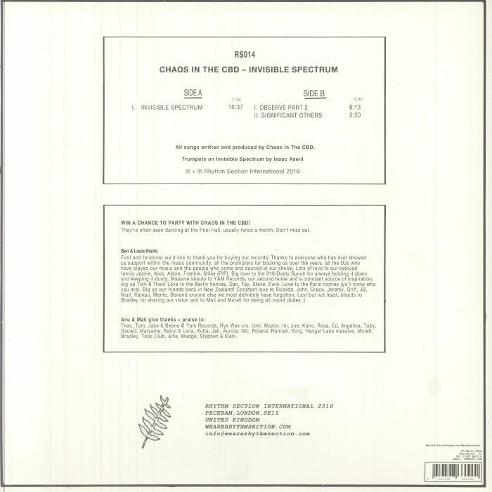 Chaos In The CBD – Invisible Spectrum (12", Rhythm Section International, 2021) back cover