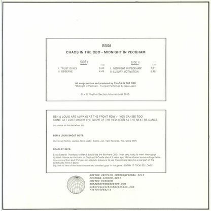 Chaos In The CBD – Midnight In Peckham (12", Rhythm Section International, 2021) back cover