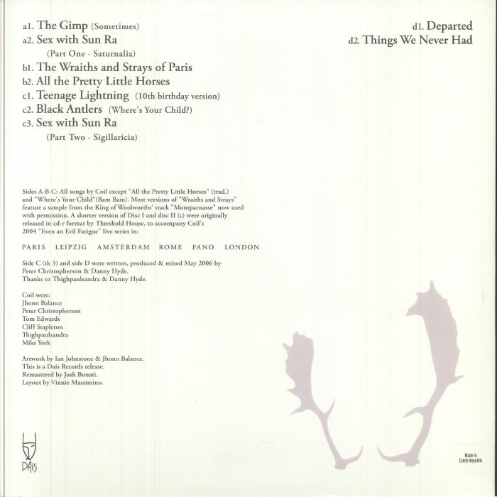 Coil – Black Antlers (2xLP, Clear Red, Dais Records, 2025) Back Cover