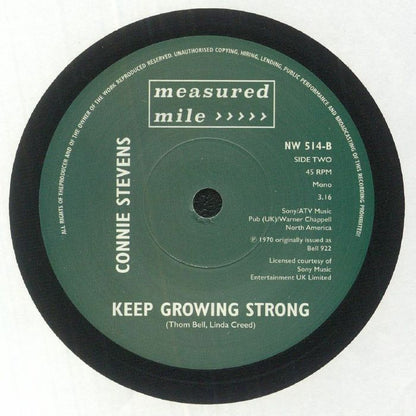 Connie Stevens – Tick Tock / Keep Growing Strong (7", Measured Mile, 2023) Back Cover