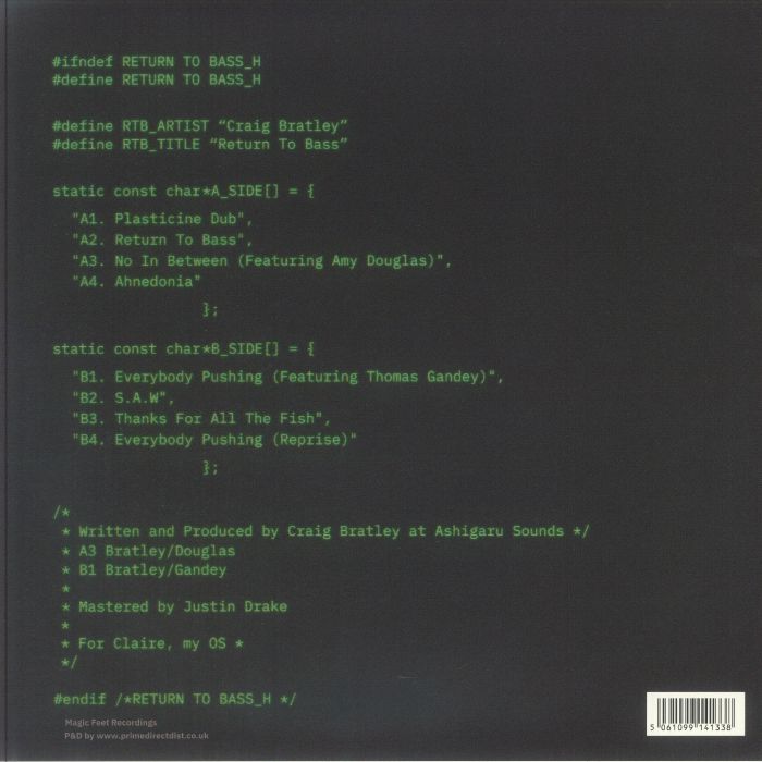 Craig Bratley – Return To Bass (LP, Magic Feet, 2026) Back Cover