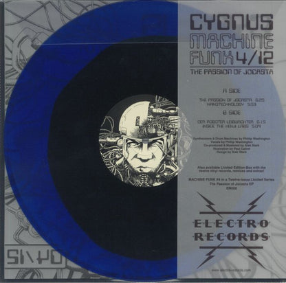 Cygnus – Machine Funk 4/12 - The Passion Of Jocasta EP (12", Blue, Electro Records, 2021) Back Cover
