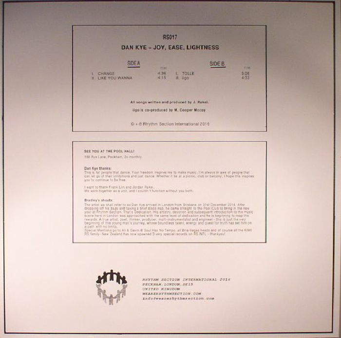 Dan Kye – Joy, Ease, Lightness (12", Rhythm Section International, 2016) Back Cover