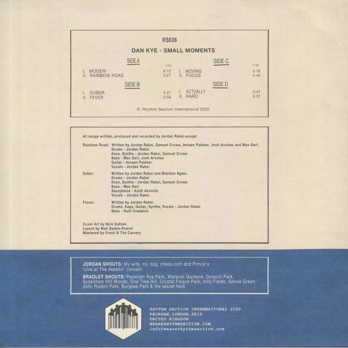 Dan Kye – Small Moments (2xLP, Rhythm Section International, 2020) Back Cover