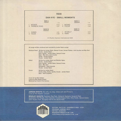 Dan Kye – Small Moments (2xLP, Rhythm Section International, 2020) Back Cover