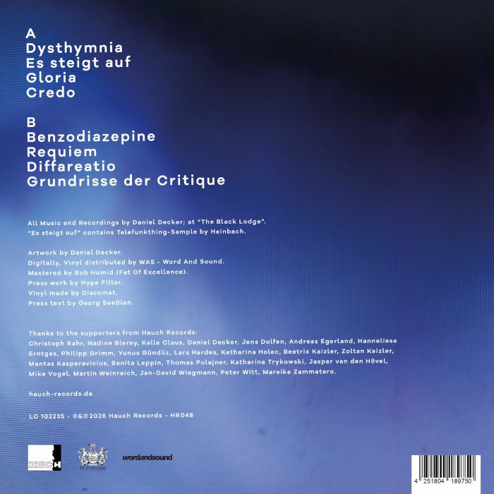 Daniel Decker – Dysthymnia (LP, Blue, Hauch, 2026) Back Cover