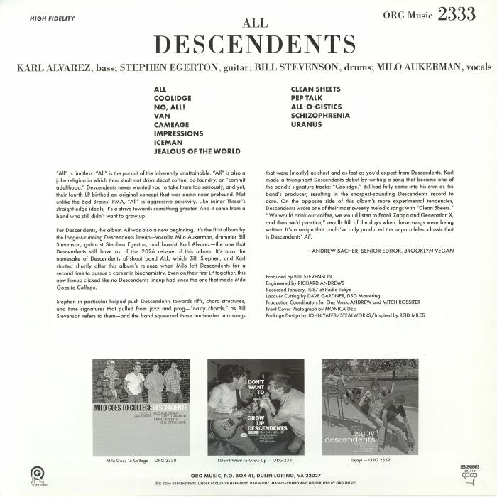 Descendents – All (LP, ORG Music, 2026) Back Cover