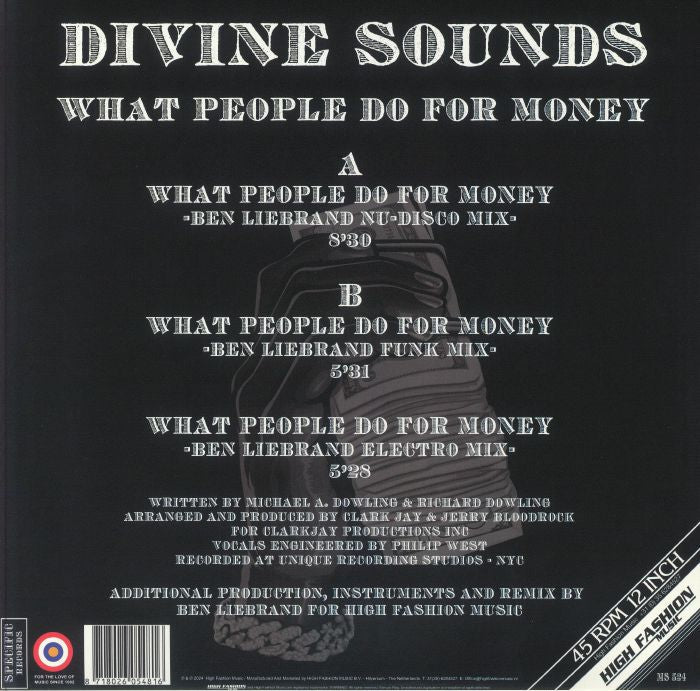 Divine Sounds – What People Do For Money (Remixes) (12", High Fashion Music, 2024) Back Cover
