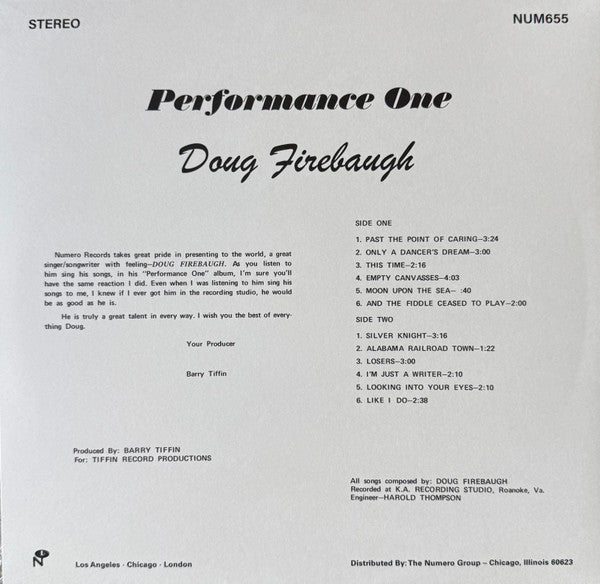 Doug Firebaugh – Performance One (LP, Numero Group, 2025) Back Cover