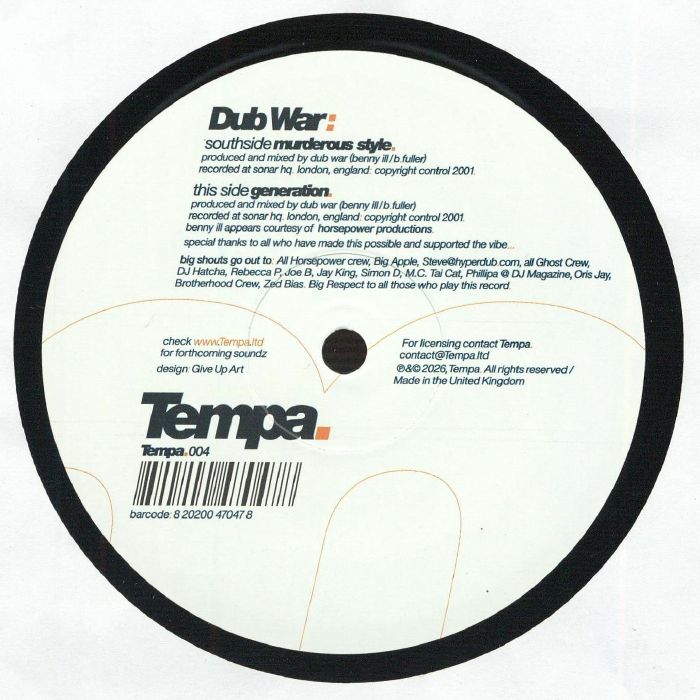 Dub War – Murderous Style (12", Tempa, 2026) Back Cover