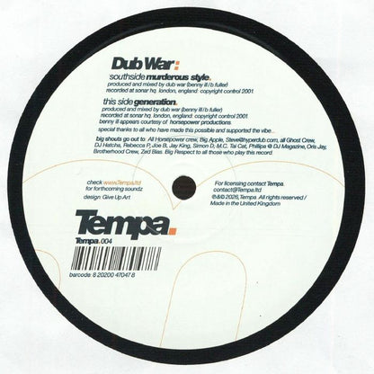 Dub War – Murderous Style (12", Tempa, 2026) Back Cover