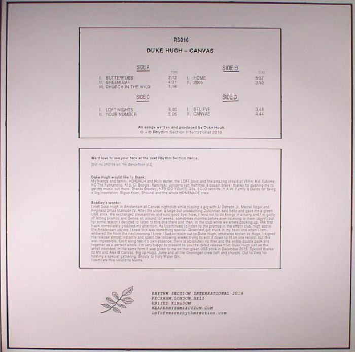 Duke Hugh – Canvas (2x12", Rhythm Section International, 2016) Back Cover