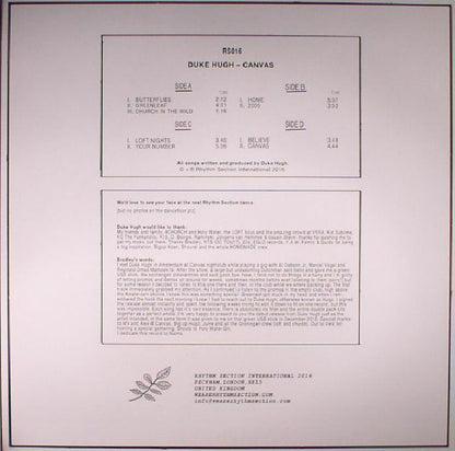 Duke Hugh – Canvas (2x12", Rhythm Section International, 2016) Back Cover