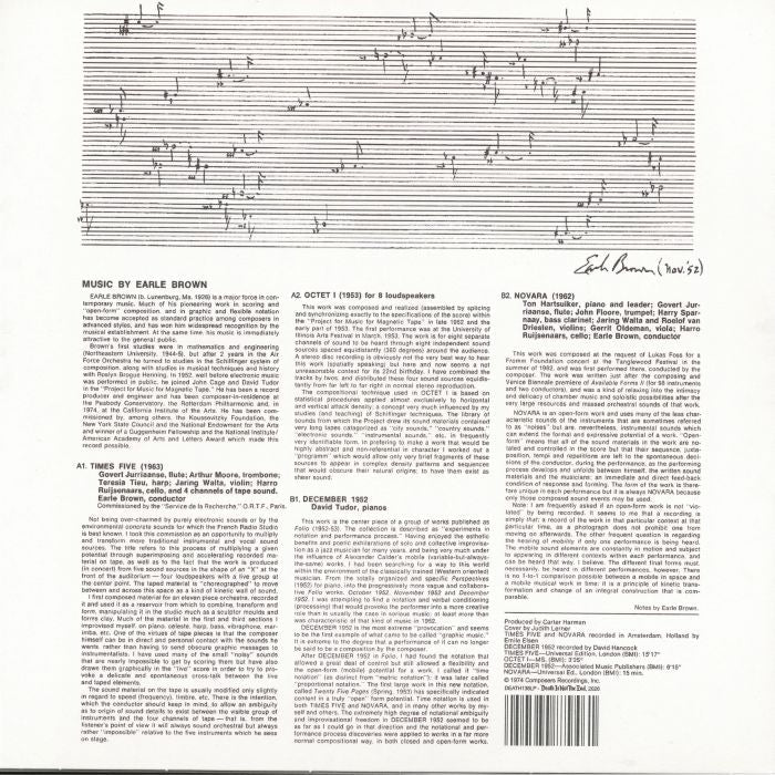 Earle Brown – Music By Earle Brown (reissue) (LP, Death Is Not The End, 2026) Back Cover