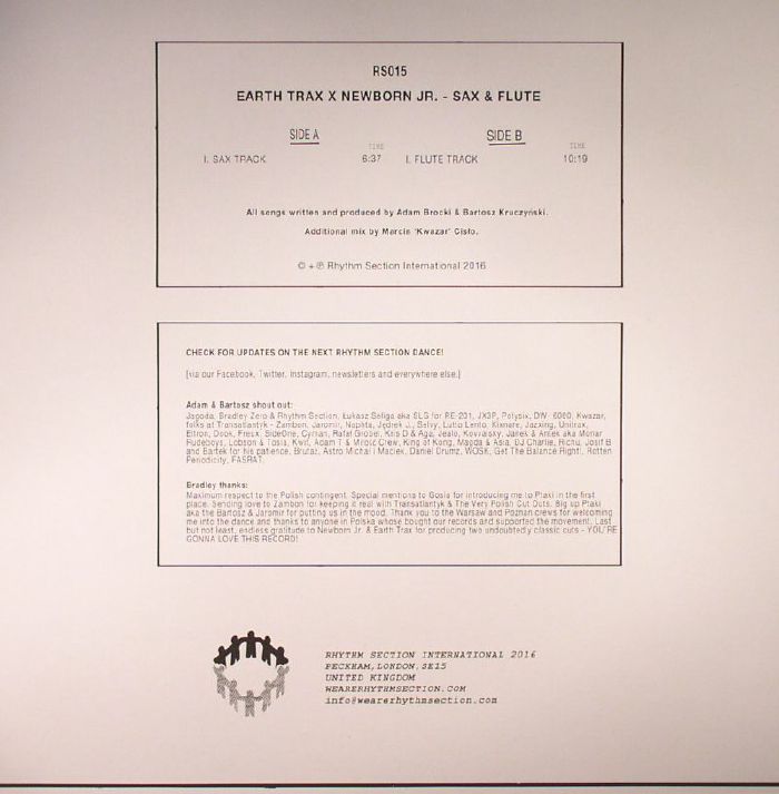 Earth Trax X Newborn Jr. – Sax & Flute (12", Rhythm Section International, 2016) Back Cover