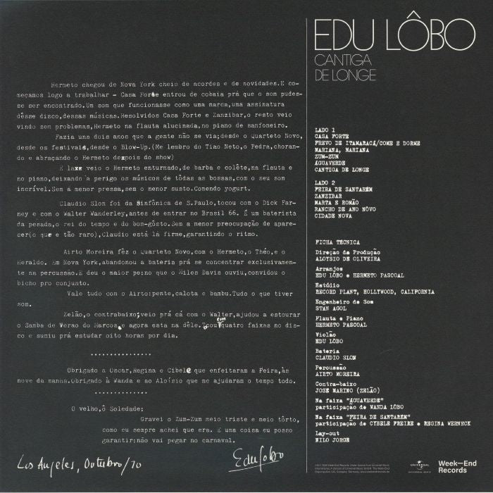 Edu Lôbo – Cantiga De Longe (LP, Week-End Records, 2026) Back Cover