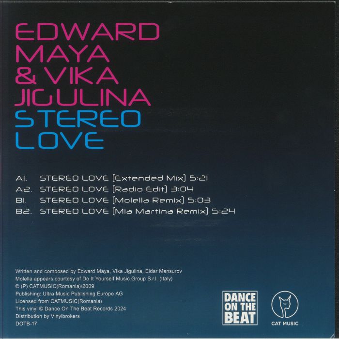 Edward Maya Vika Jigulina – Stereo Love (12", Pink Translucent, Dance On The Beat, 2024) Back Cover