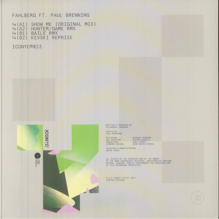 Fahlberg Ft. Paul Brenning – Show Me (12", Forest Green, Iconyc, 2026) Back Cover
