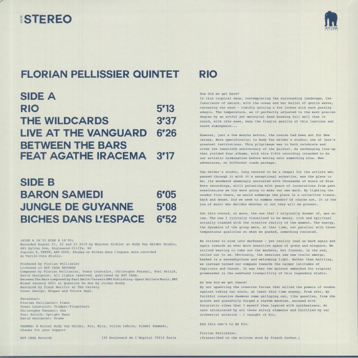 Florian Pellissier Quintet – Rio (LP, Hot Casa Records, 2021) Back Cover