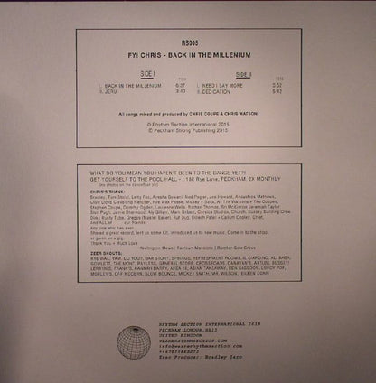 FYI Chris – Back In The Millenium (12", Rhythm Section International, 2015) Back Cover