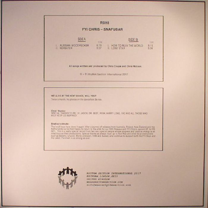 FYI Chris – Snafubar (12", Rhythm Section International, 2017) Back Cover
