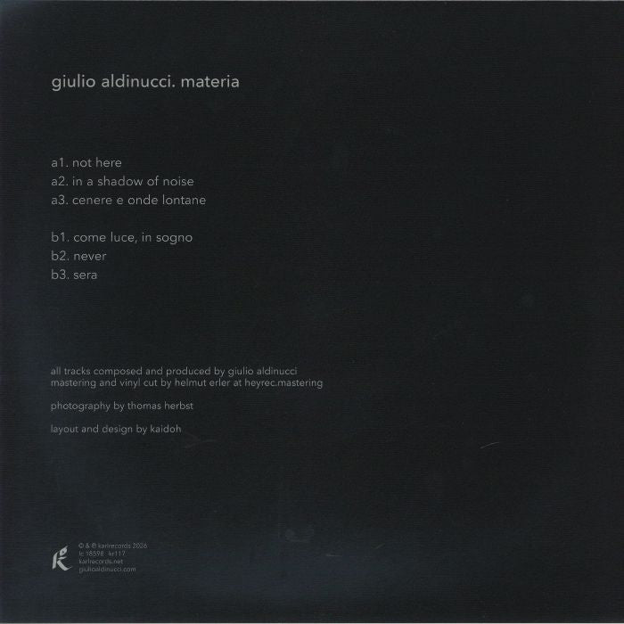 Giulio Aldinucci – Materia (LP, 180 gram, Karlrecords, 2026) Back Cover