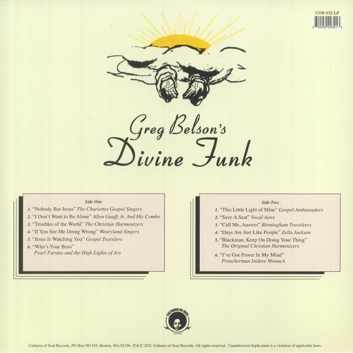 Greg Belson – Divine Funk (Rare American Gospel Funk And Soul) (LP, Cultures Of Soul Records, 2021) Back Cover