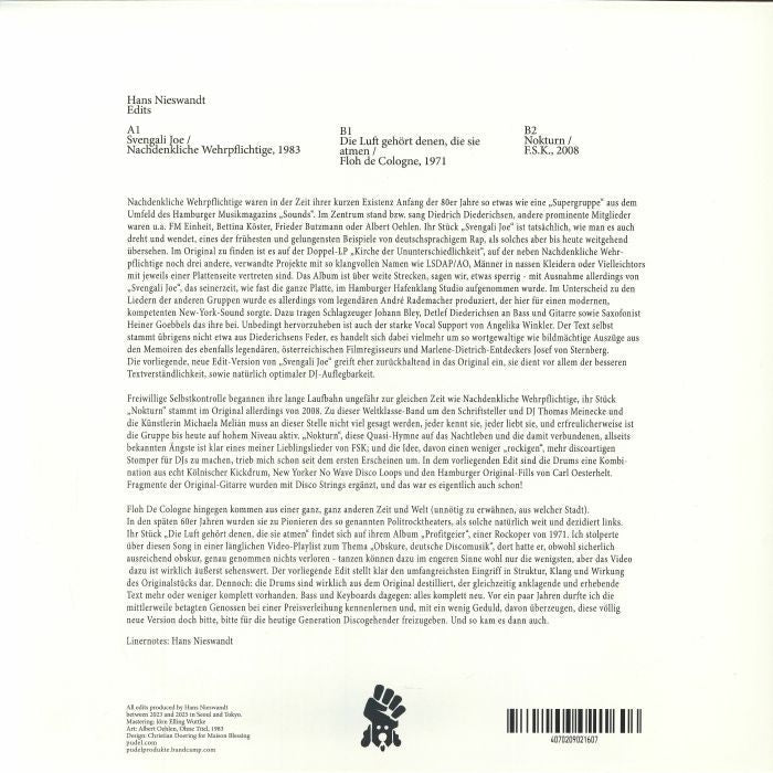 Hans Nieswandt / Nachdenkliche Wehrpflichtige / Floh De Cologne / Fsk – Edits (12", Pudel Produkte, 2026) Back Cover