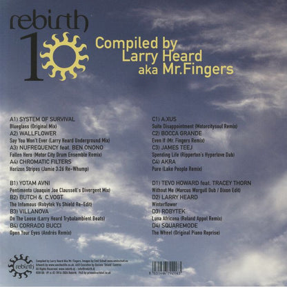 Heard, Larry aka Mr Fingers / Various – Rebirth 10 (reissue) (2xLP, limited heavyweight clear blue & white, Rebirth, 2026) Back Cover