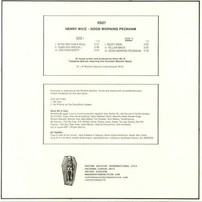 Henry Wu – Good Morning Peckham (12", Rhythm Section International, 2015) Back Cover