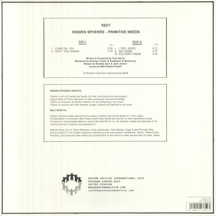 Hidden Spheres – Primitive Needs (12", Rhythm Section International, 2026) Back Cover
