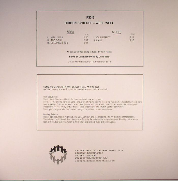 Hidden Spheres – Well Well (12", Rhythm Section International, 2016) Back Cover