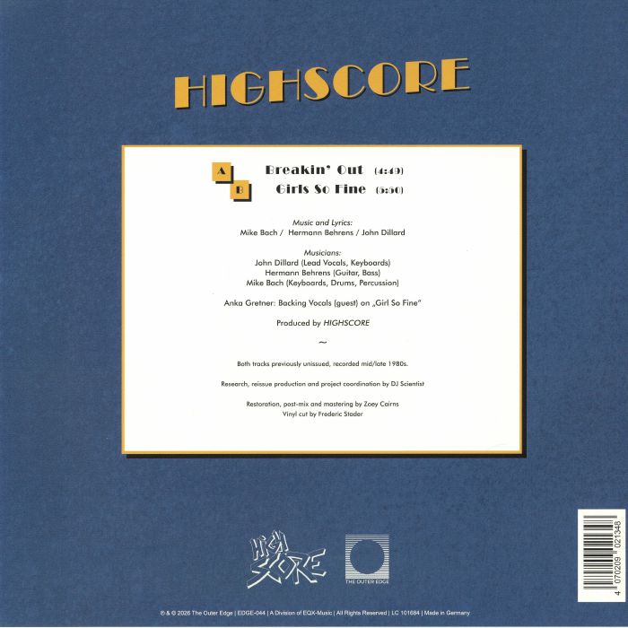 Highscore – Breakin' Out / Girl So Fine (12", The Outer Edge, 2026) Back Cover