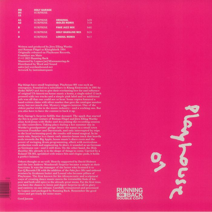Holy Garage – Surprise (2x12", Running Back Double Copy, 2023) Back Cover