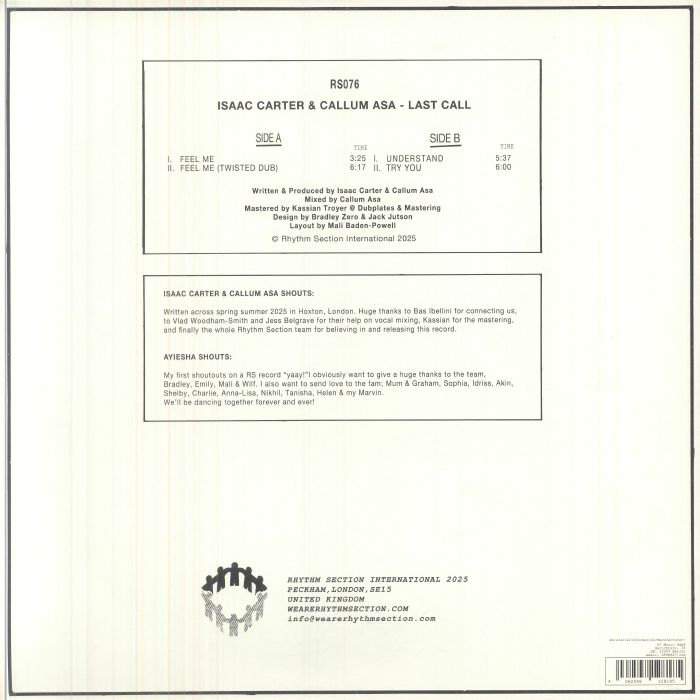 Isaac Carter & Callum Asa – Last Call (12", Rhythm Section International, 2026) Back Cover
