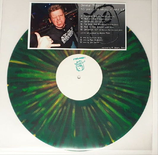 Sascha Müller – 50 Years, Still Banging It Hard EP (12", Splatter Vinyl (Green,Red,Yellow), Psychocandies, 2024) Front Cover