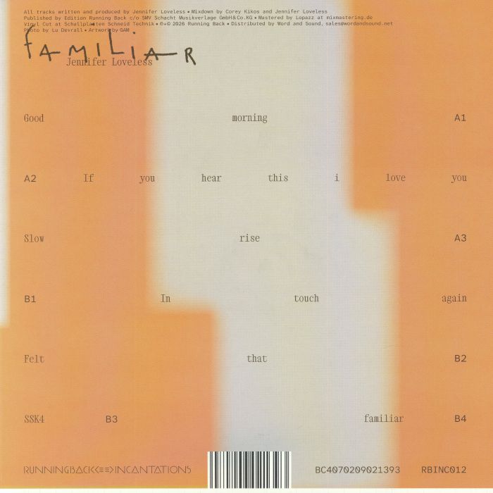 Jennifer Loveless – Familiar (LP, Running Back Incantations, 2026) Back Cover