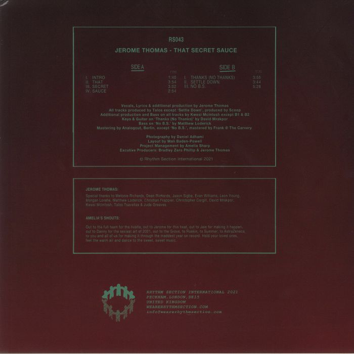 Jerome Thomas – That Secret Sauce (12", Red and Black Smoke, Rhythm Section International, 2021) Back Cover