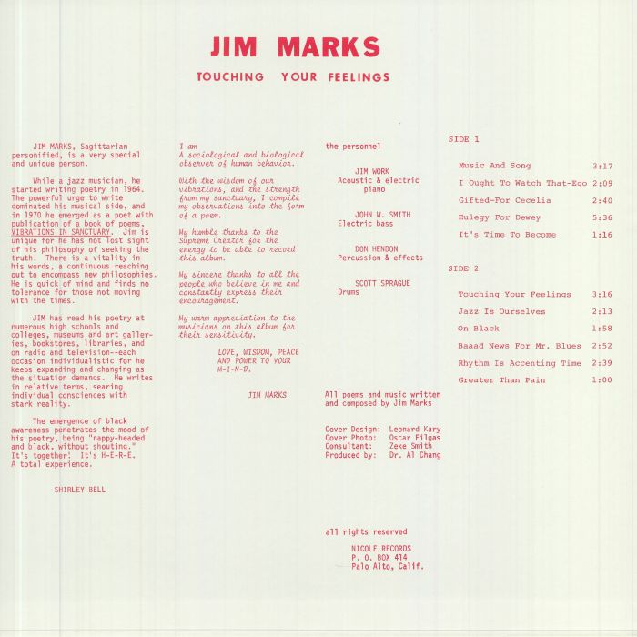 Jim Marks – Touching Your Feelings (LP, Nicole Records, 2021) Back Cover