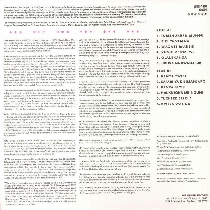 John Ondolo – Hypnotic Guitar Of John Ondolo (LP, Mississippi Records, 2022) Back Cover